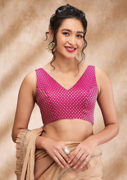 Magenta Brocade Sleeveless Readymade Blouse