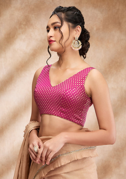 Magenta Brocade Sleeveless Readymade Blouse