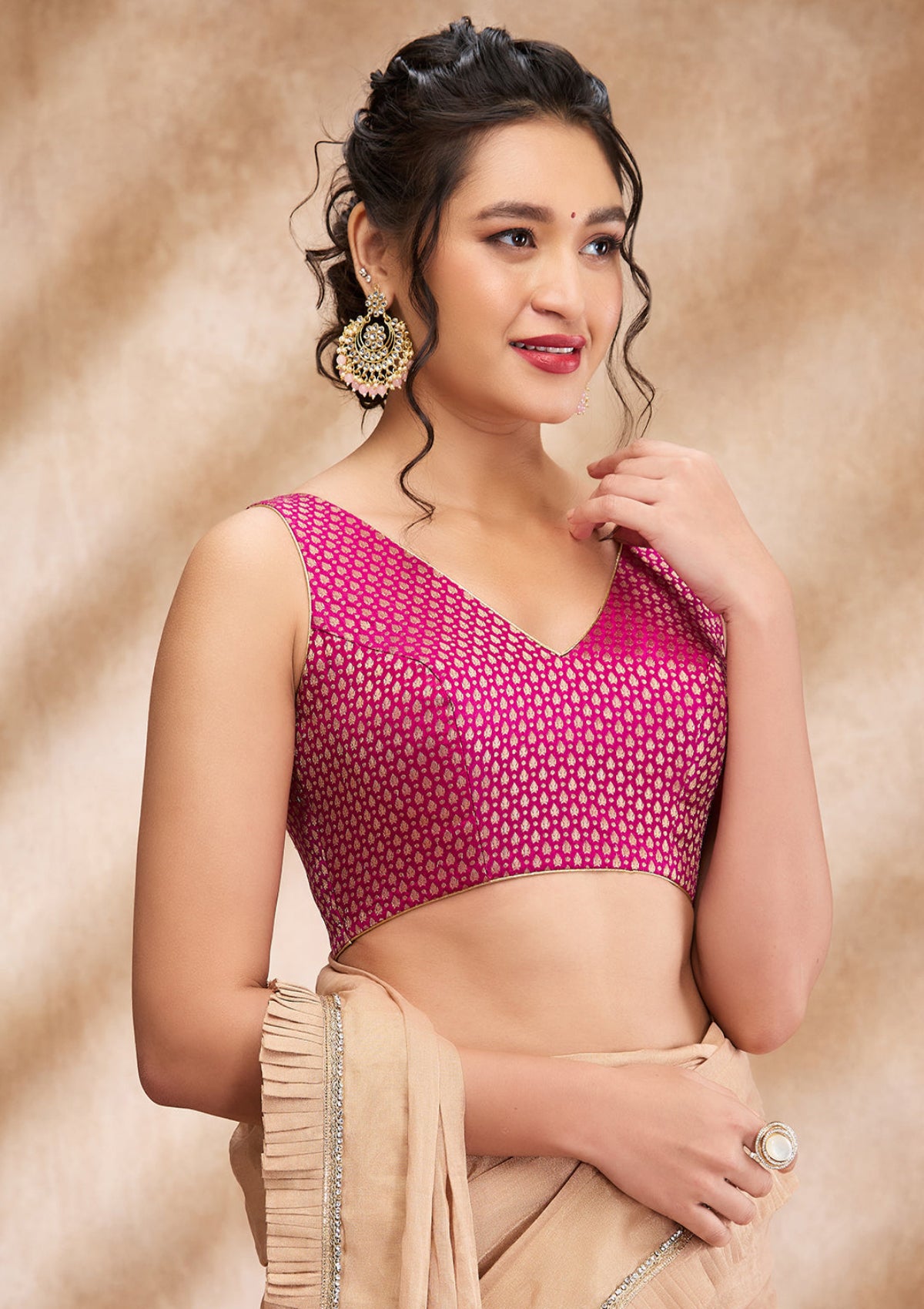 Magenta Brocade Sleeveless Readymade Blouse