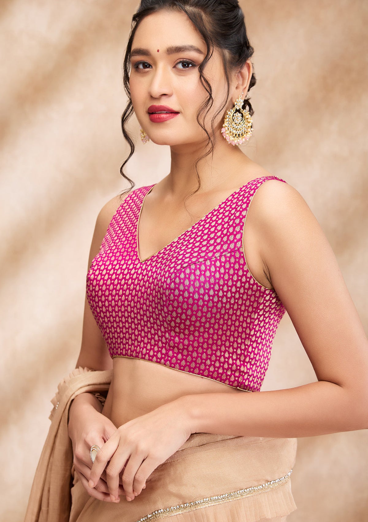 Magenta Brocade Sleeveless Readymade Blouse