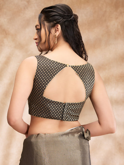 Black Brocade Sleeveless Readymade Padded Blouse