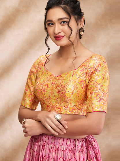 Yellow Brocade Sweetheart Neck Readymade Blouse