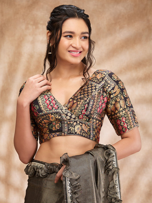 Black Brocade V Neck Readymade Blouse