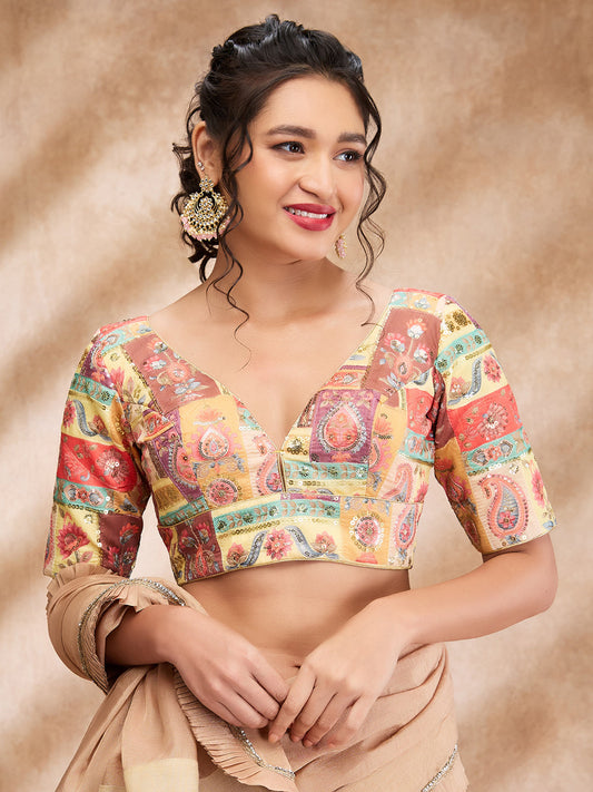 Multicolor Silk Sweetheart Neck Readymade Blouse