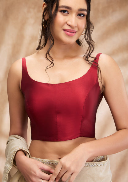 Maroon Taffeta Solid Round Neck Sleeveless Blouse