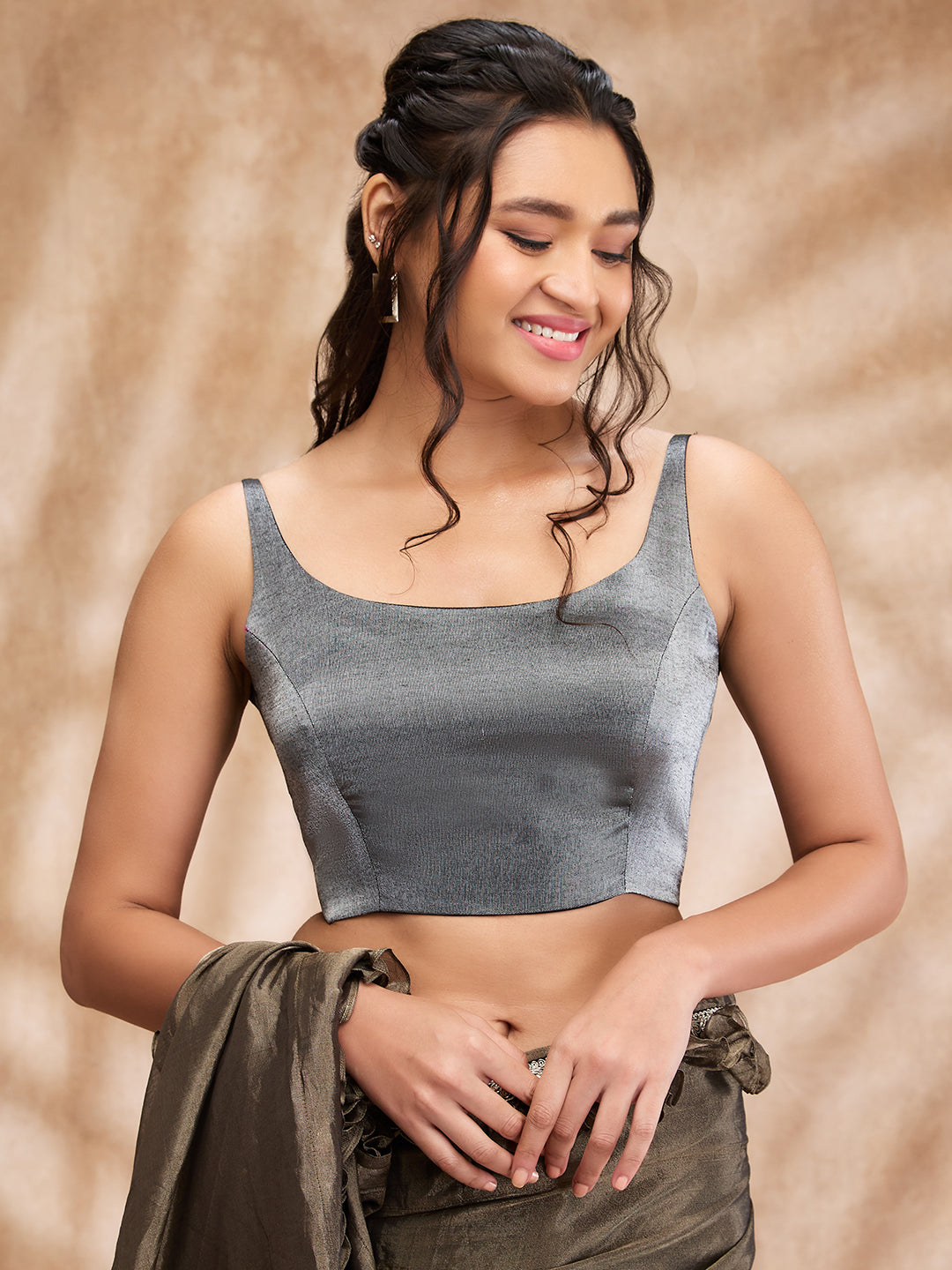 Grey Tissue Shimmer Round Neck Sleeveless Blouse