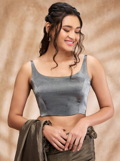 Grey Tissue Shimmer Round Neck Sleeveless Blouse