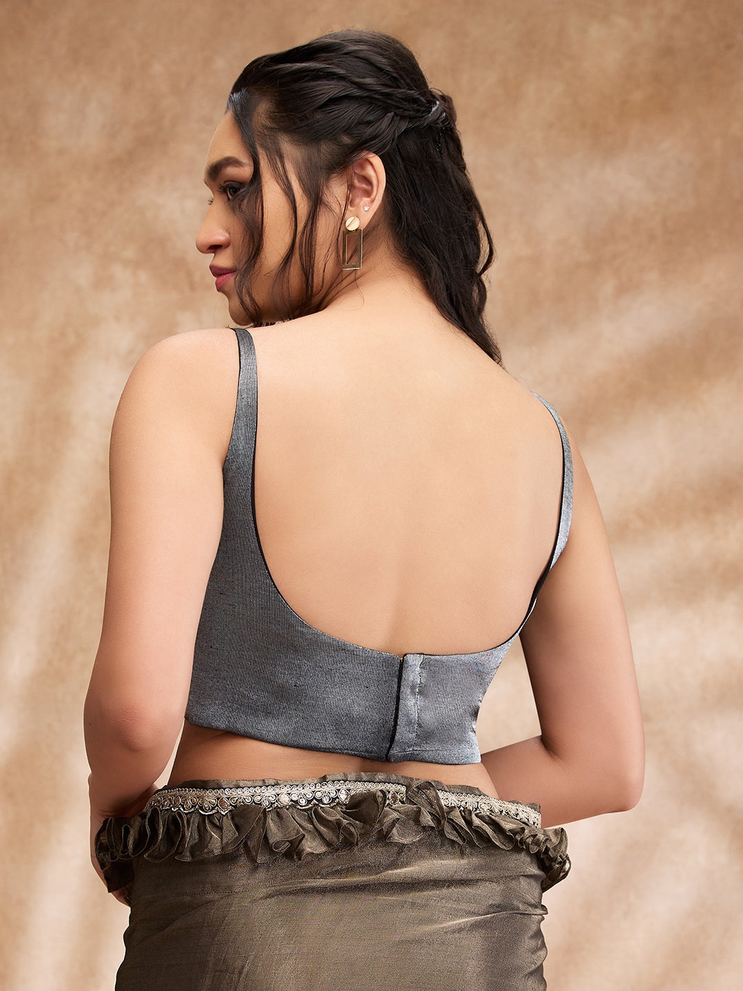 Grey Tissue Shimmer Round Neck Sleeveless Blouse