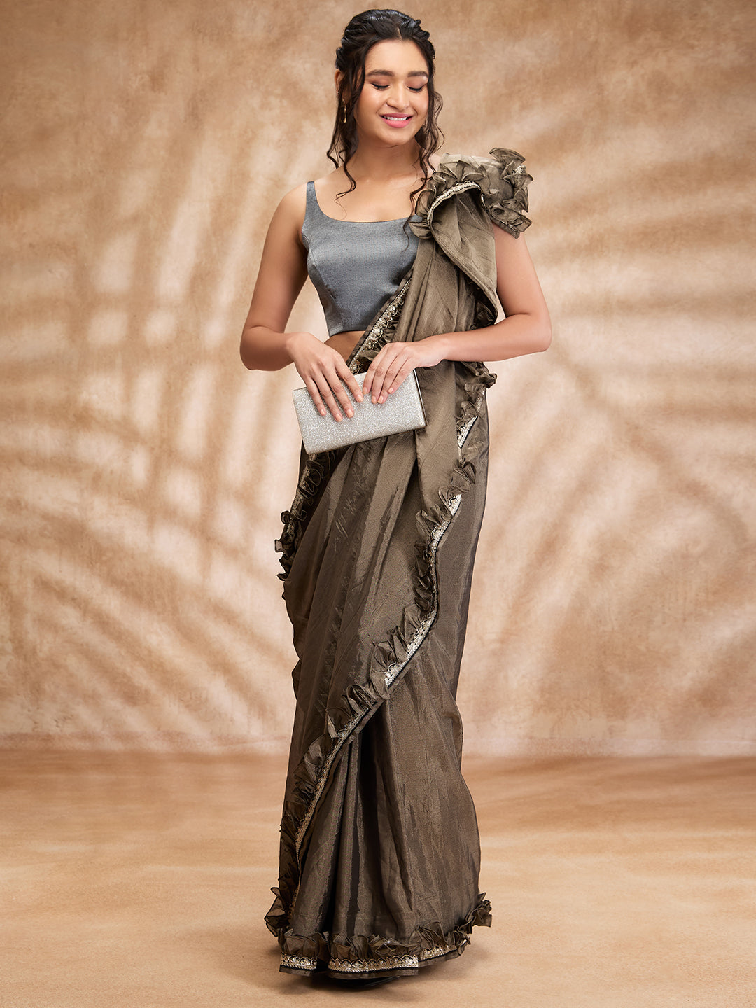 Grey Tissue Shimmer Round Neck Sleeveless Blouse