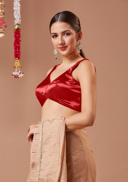 Red Satin Sleeveless Readymade Blouse