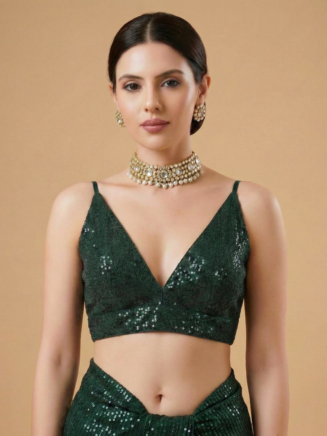 Green Embellished Sleeveless Readymade Blouse