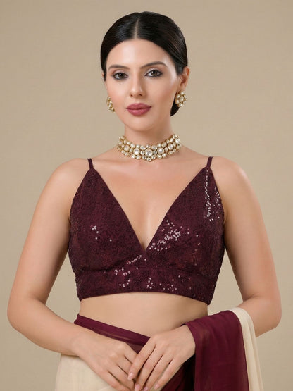 Maroon Embellished Sleeveless Readymade Blouse