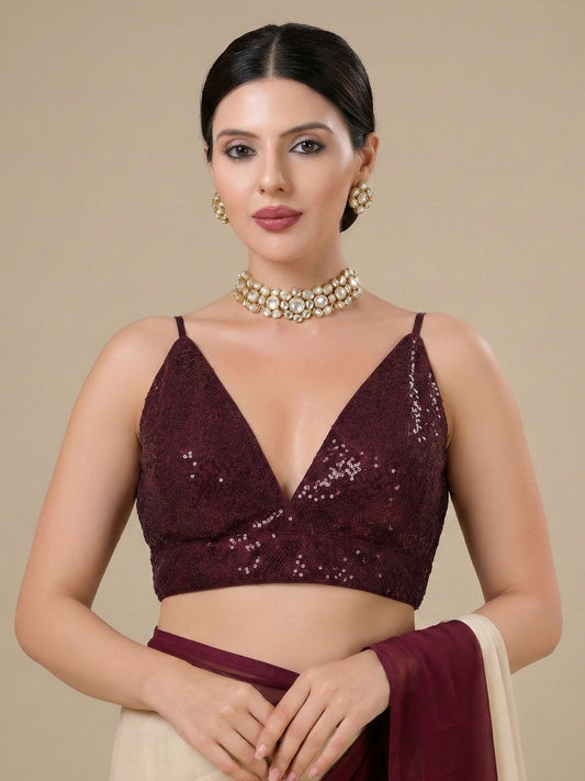 Maroon Embellished Sleeveless Readymade Blouse