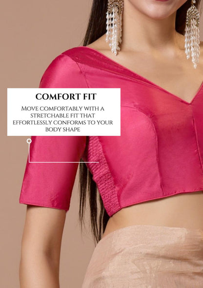 Pink Silk V Neck Comfort Fit Readymade Blouse