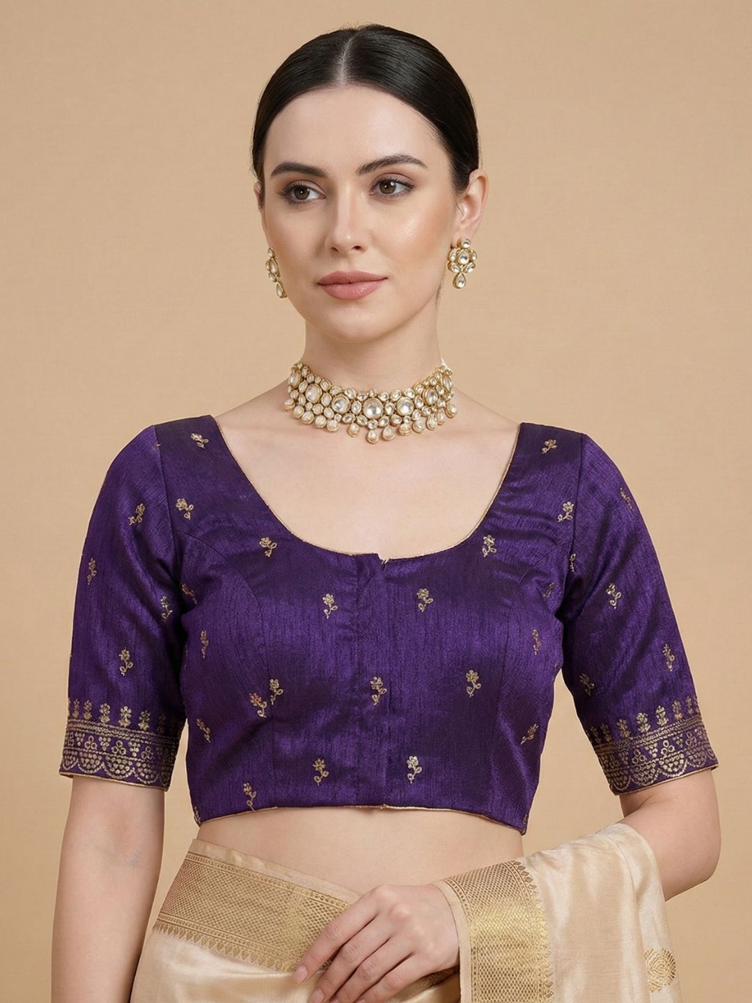 Purple Silk Embroidered Round Neck Readymade Blouse