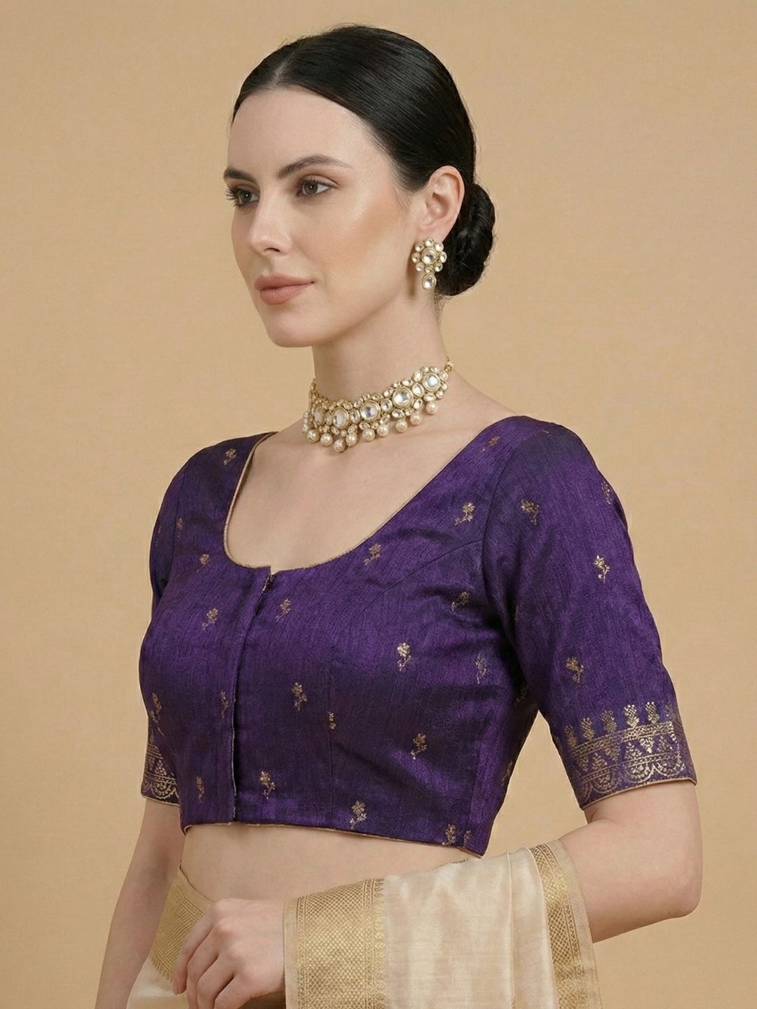 Purple Silk Embroidered Round Neck Readymade Blouse