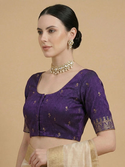 Purple Silk Embroidered Round Neck Readymade Blouse