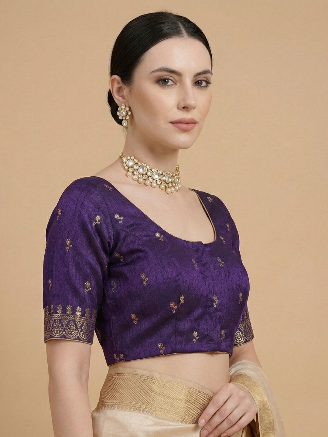 Purple Silk Embroidered Round Neck Readymade Blouse