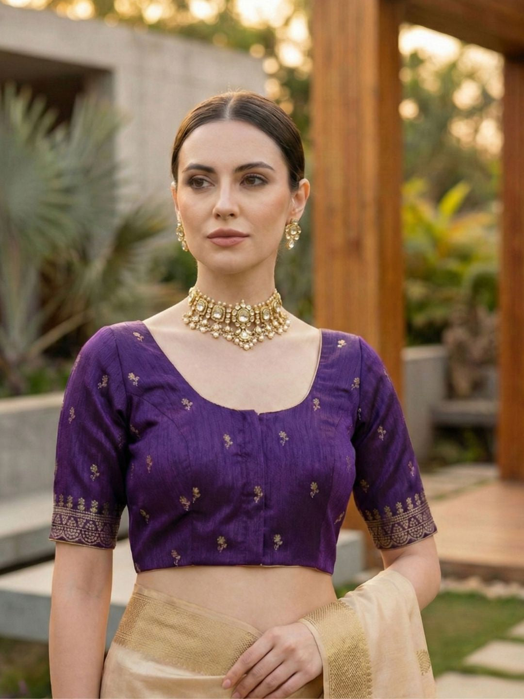 Purple Silk Embroidered Round Neck Readymade Blouse