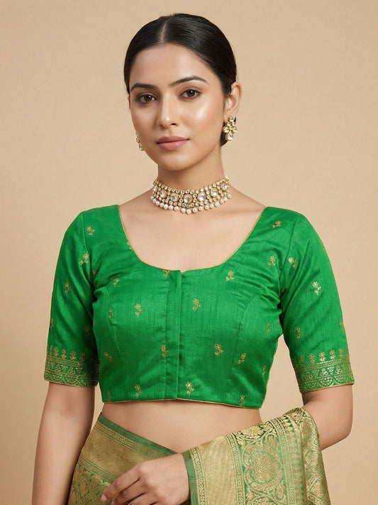 Green Silk Embroidered Round Neck Readymade Blouse