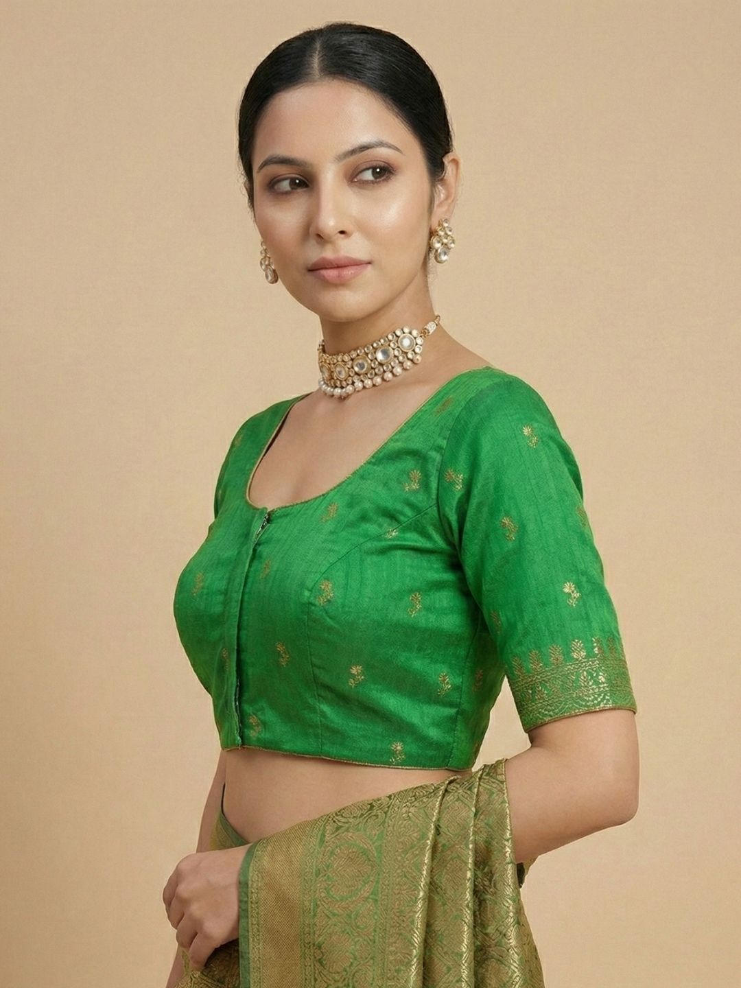 Green Silk Embroidered Round Neck Readymade Blouse