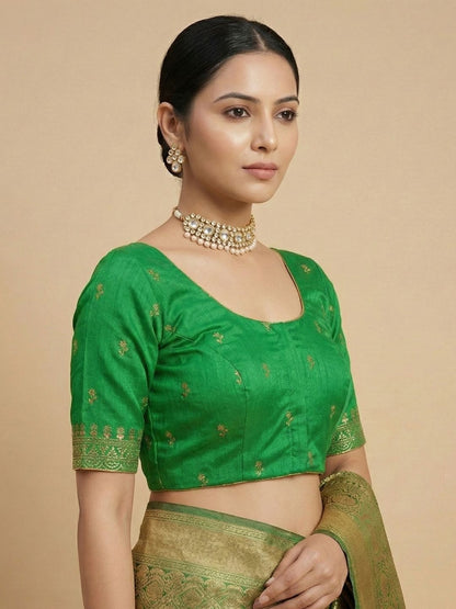 Green Silk Embroidered Round Neck Readymade Blouse