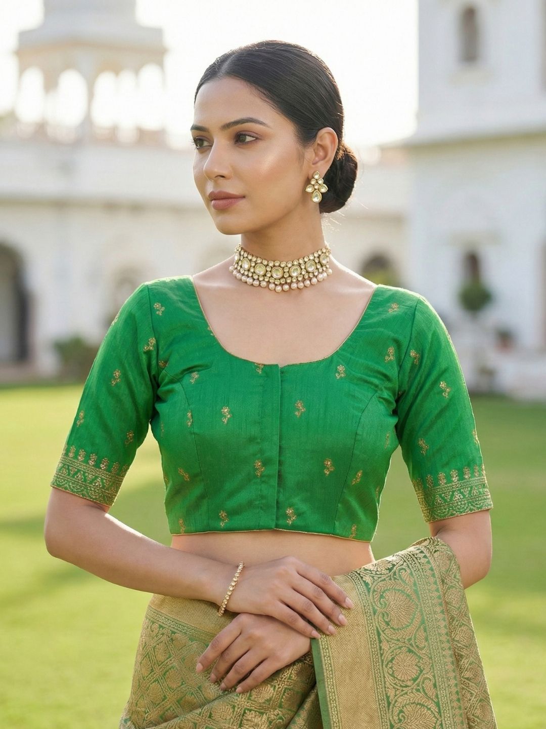 Green Silk Embroidered Round Neck Readymade Blouse