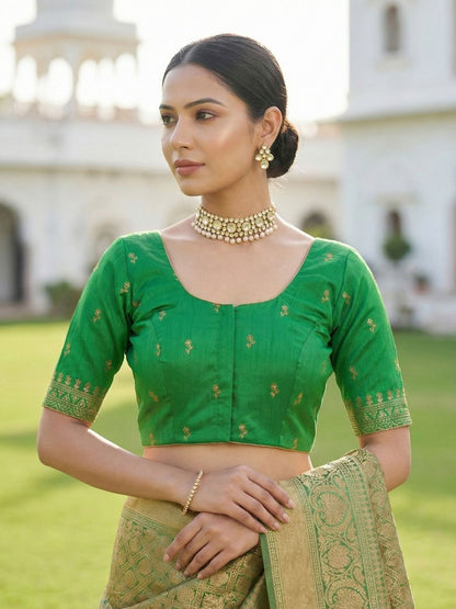 Green Silk Embroidered Round Neck Readymade Blouse