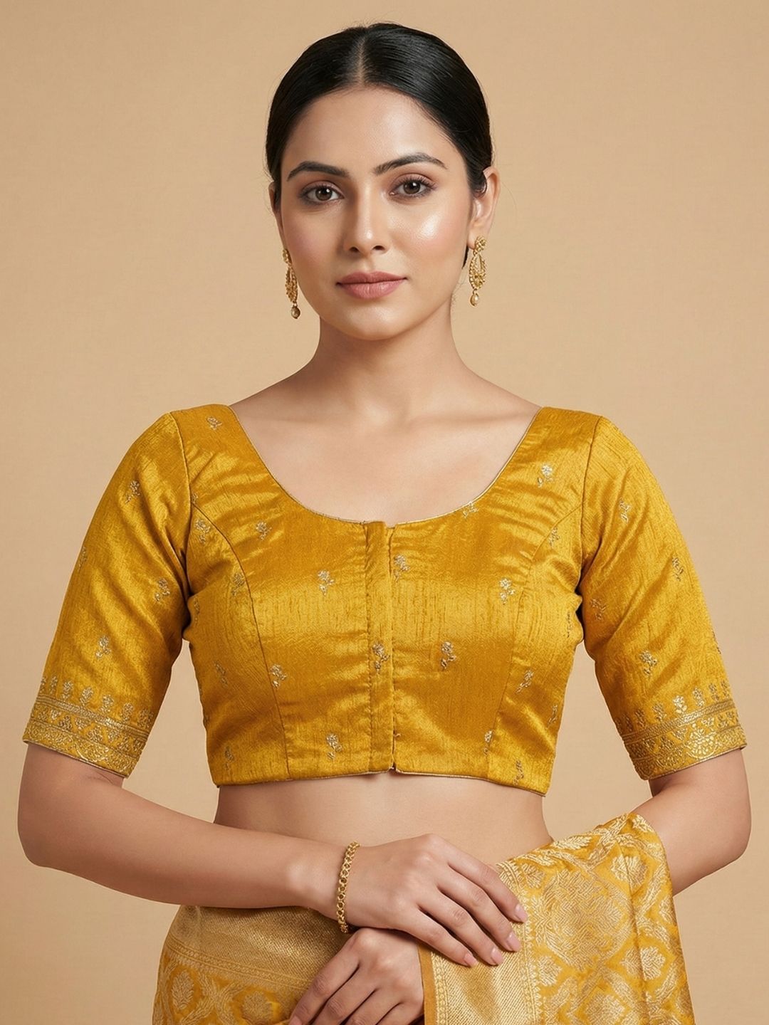 Mustard Silk Embroidered Round Neck Readymade Blouse