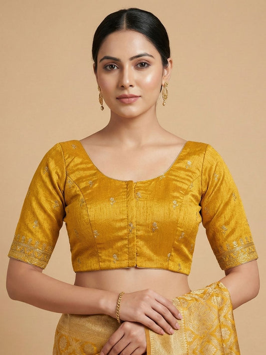 Mustard Silk Embroidered Round Neck Readymade Blouse
