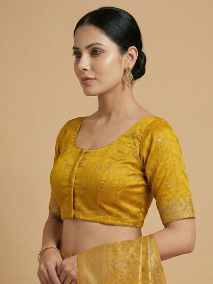 Mustard Silk Embroidered Round Neck Readymade Blouse