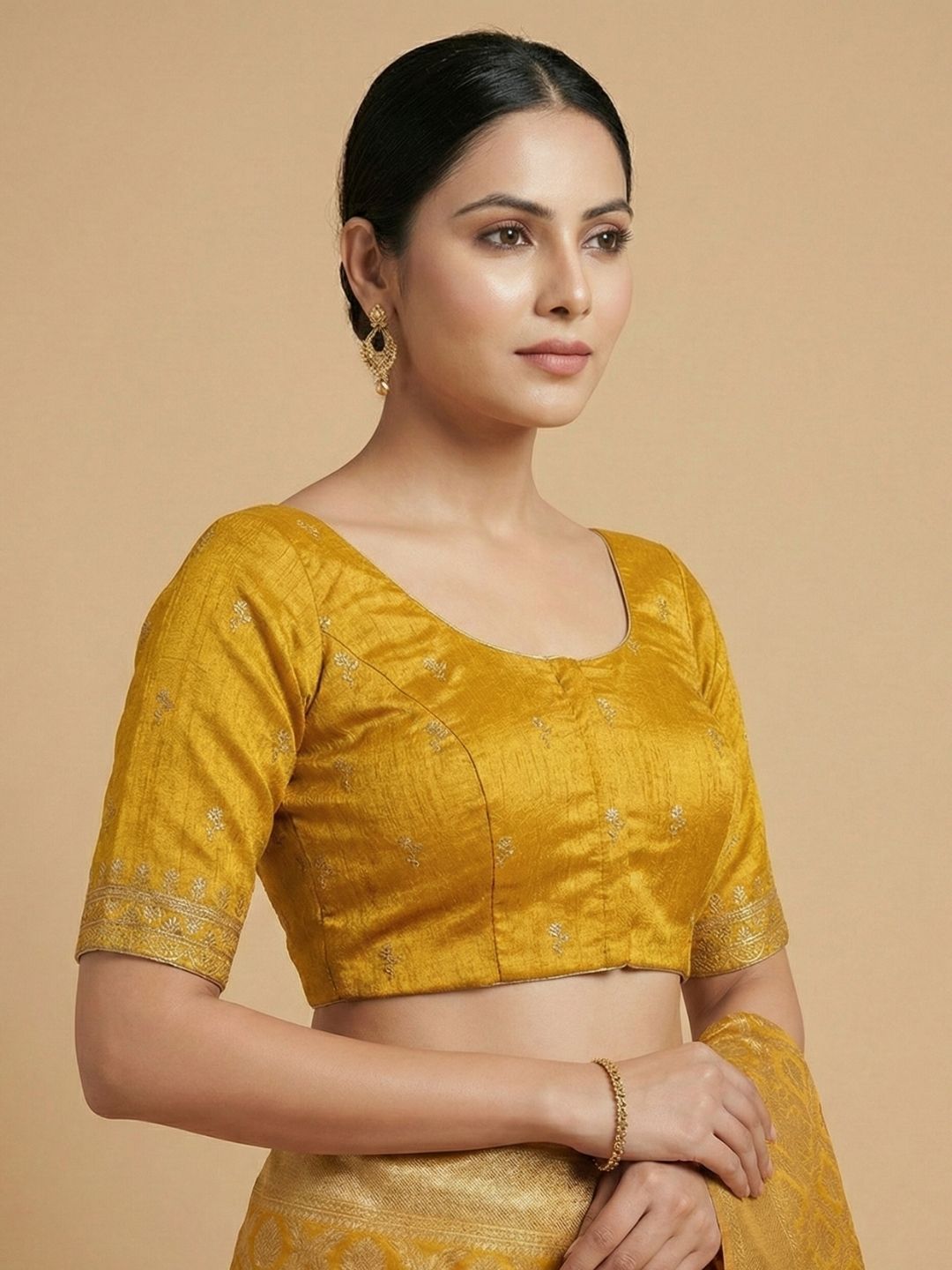 Mustard Silk Embroidered Round Neck Readymade Blouse