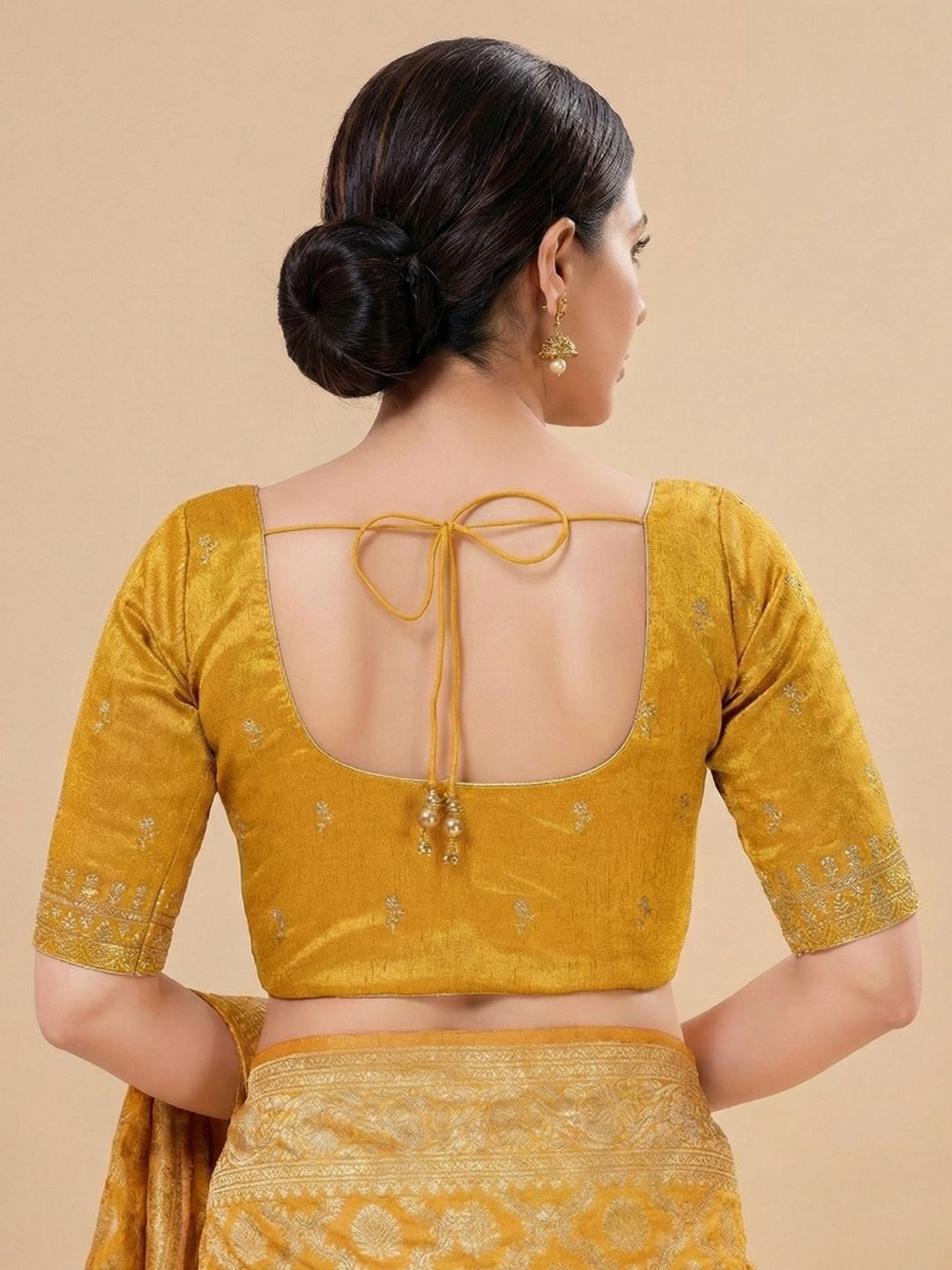 Mustard Silk Embroidered Round Neck Readymade Blouse