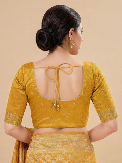 Mustard Silk Embroidered Round Neck Readymade Blouse