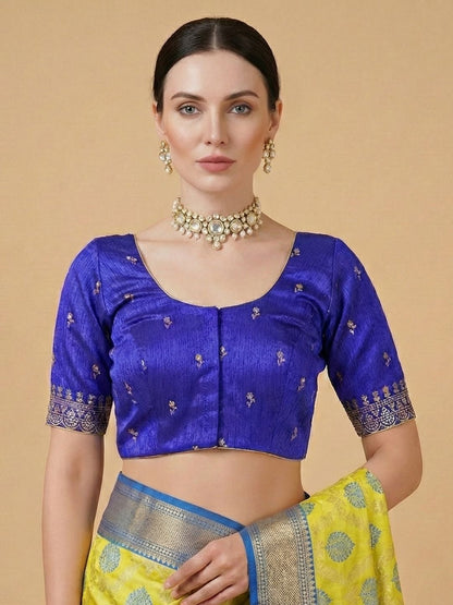Blue Silk Embroidered Round Neck Readymade Blouse
