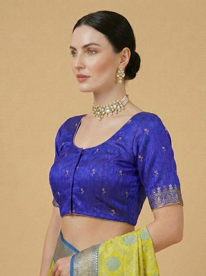 Blue Silk Embroidered Round Neck Readymade Blouse