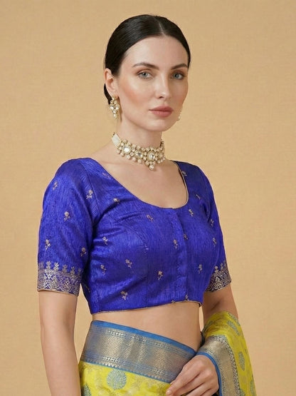 Blue Silk Embroidered Round Neck Readymade Blouse
