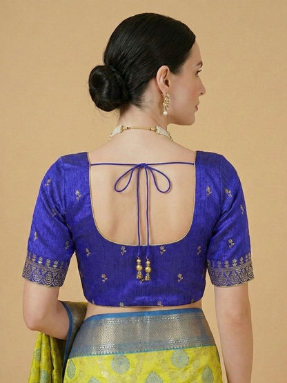 Blue Silk Embroidered Round Neck Readymade Blouse