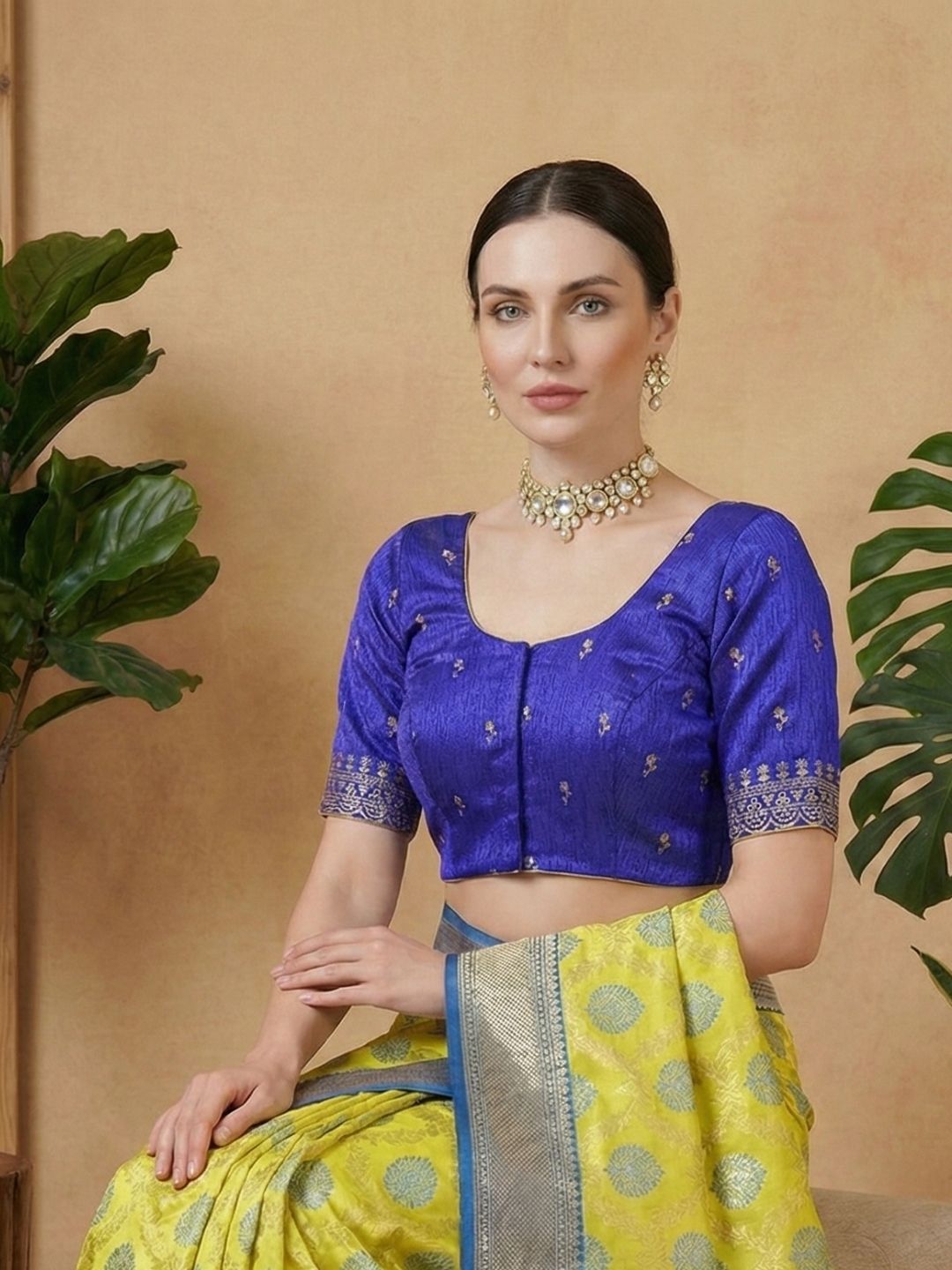 Blue Silk Embroidered Round Neck Readymade Blouse