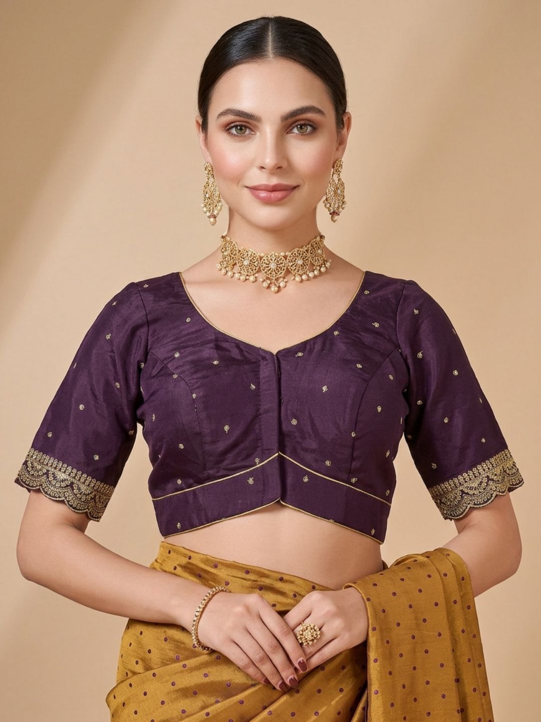 Wine Silk Embroidered Sweetheart Neck Saree Blouse