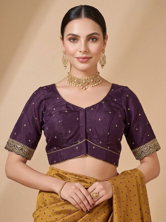 Wine Silk Embroidered Sweetheart Neck Saree Blouse