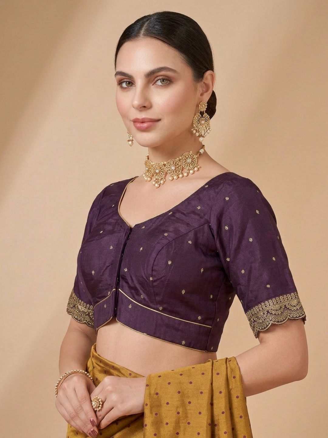 Wine Silk Embroidered Sweetheart Neck Saree Blouse