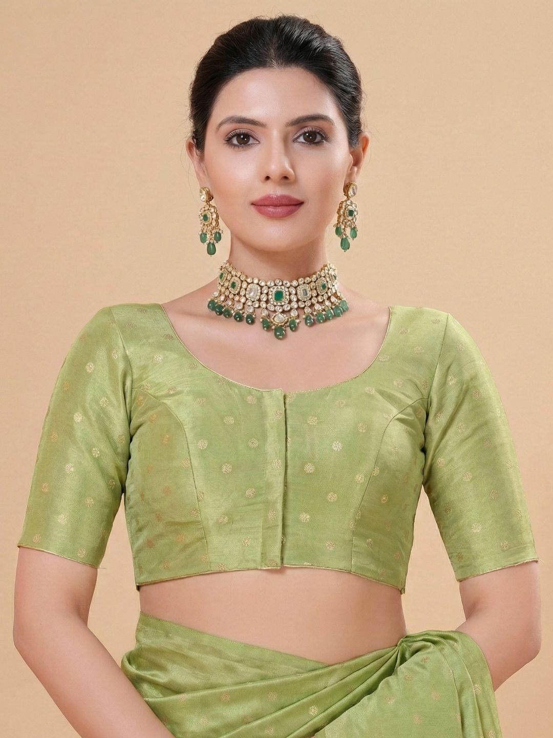 Green Tissue Round Neck Readymade Blouse