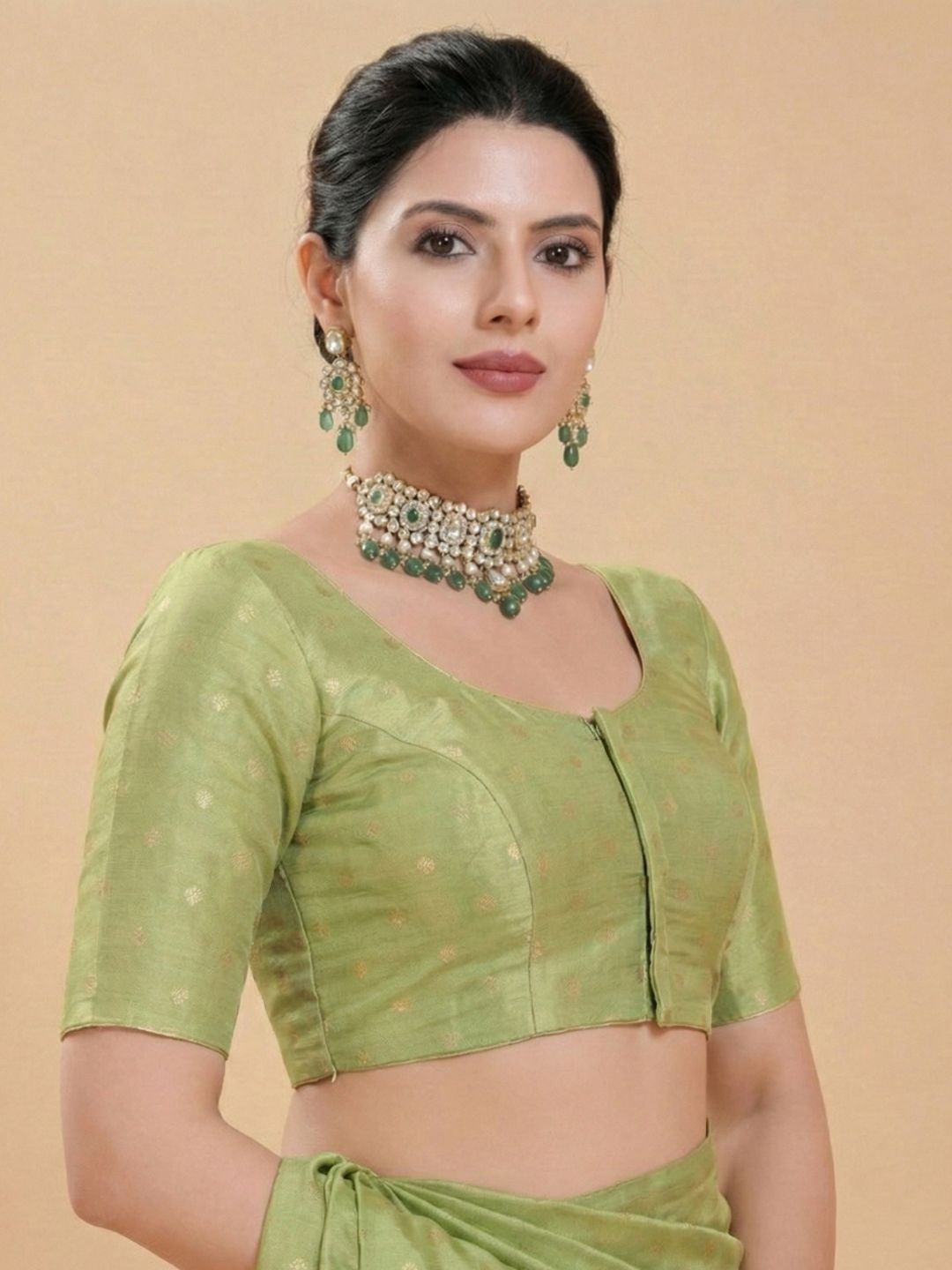 Green Tissue Round Neck Readymade Blouse
