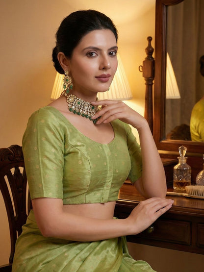 Green Tissue Round Neck Readymade Blouse