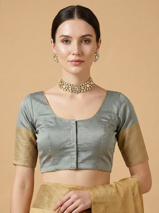 Grey Silk Round Neck Readymade Blouse