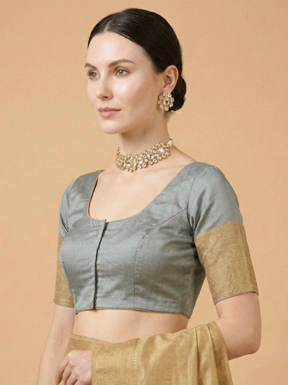 Grey Silk Round Neck Readymade Blouse