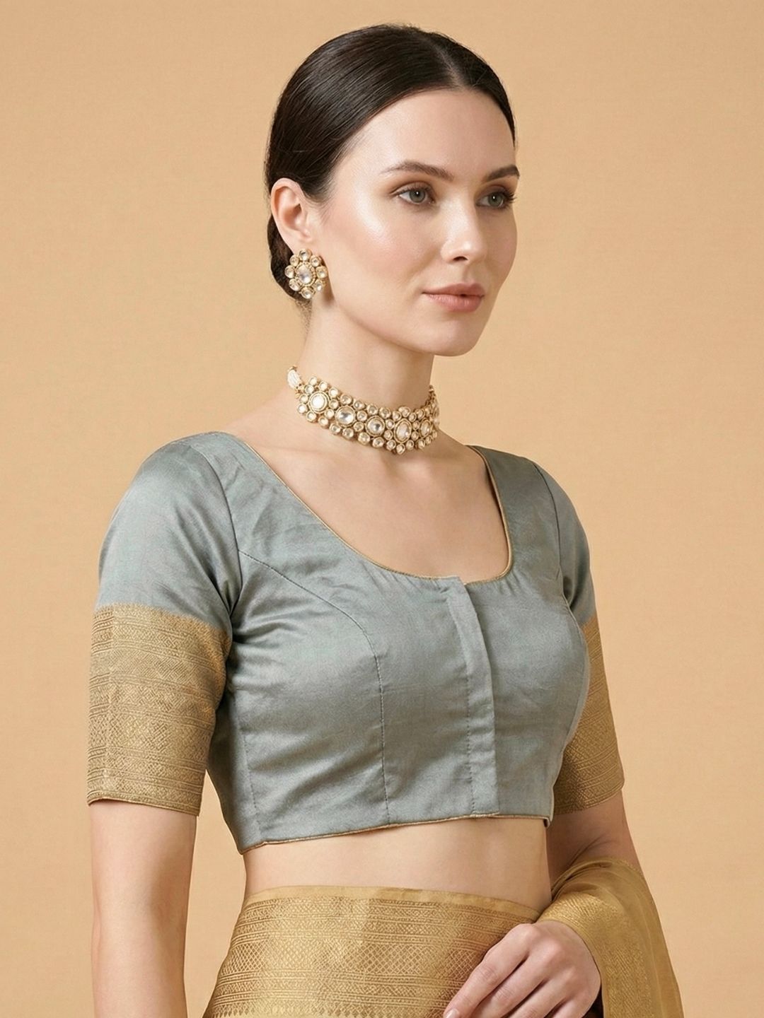 Grey Silk Round Neck Readymade Blouse