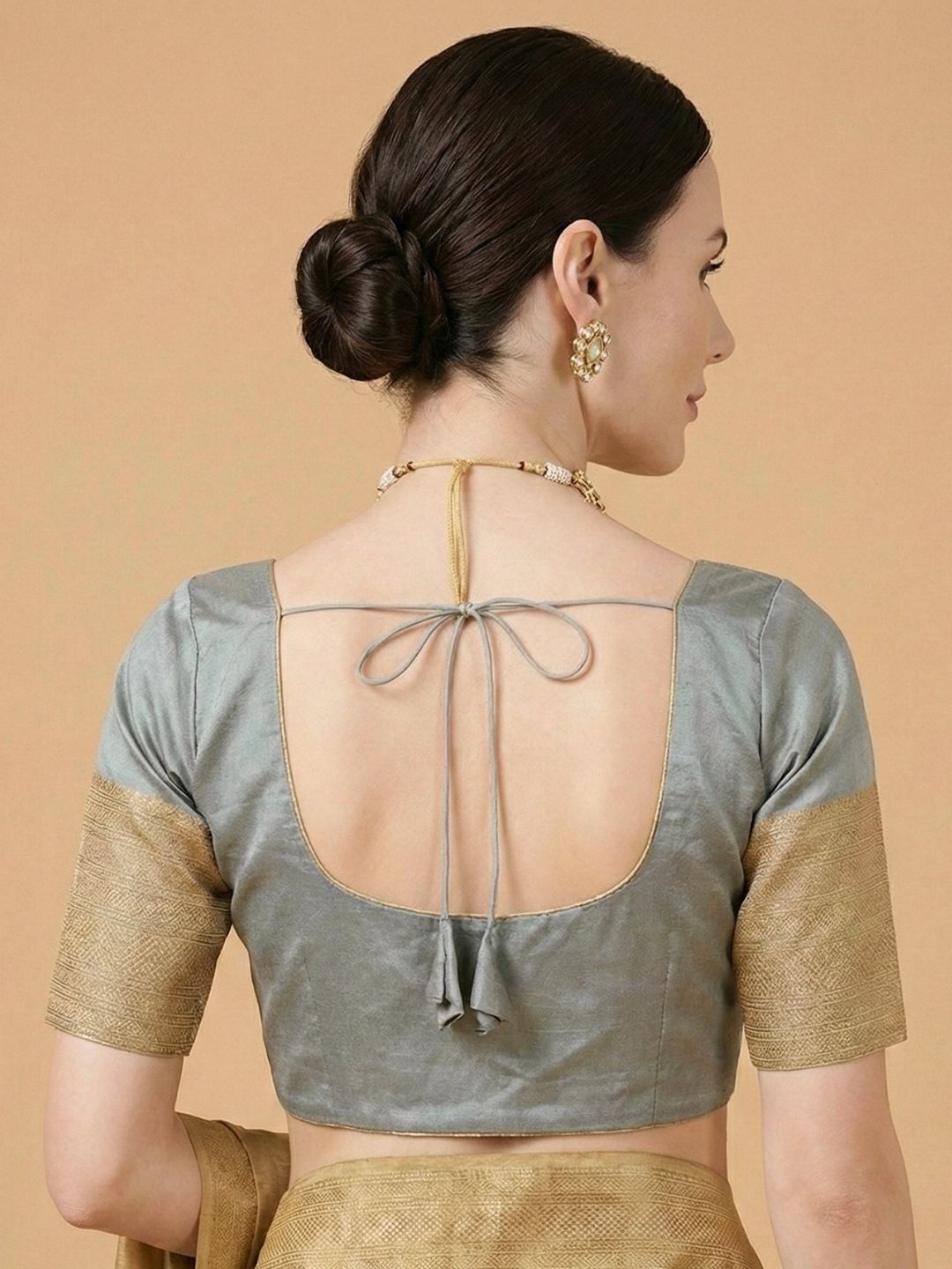 Grey Silk Round Neck Readymade Blouse