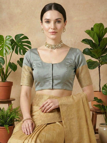 Grey Silk Round Neck Readymade Blouse